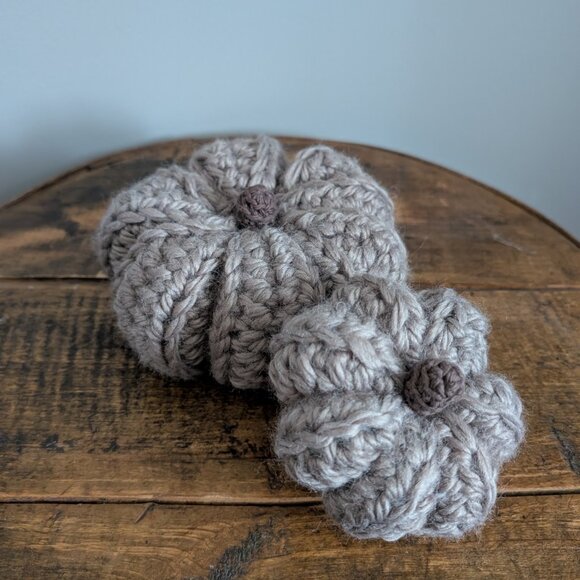 Crochet Fall Pumpkins set of 2 taupe handmade pumpkins - Picture 4 of 12